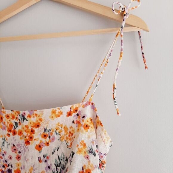 H&M 100% Linen Tie-Shoulder Floral Crop Fitted Camisole Top Smocked Back Sz XS - Picture 7 of 14